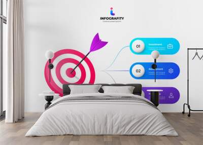 Goals infographic template. Target diagram with 3 options,parts or processes. Wall mural