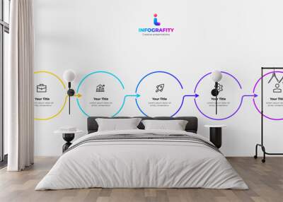 Horizontal progress diagram with five outline elements. Concept of 5 steps of business timeline. Creative infographic design template Wall mural