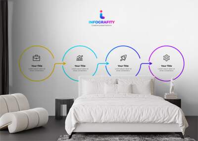 Horizontal progress diagram with four outline elements. Concept of 4 steps of business timeline. Creative infographic design template Wall mural