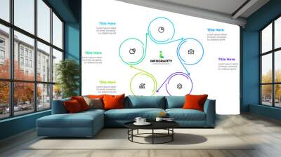 Infographic element of cycle diagram template with 5 circles and icons. Linear vector illustration for business progress performance Wall mural