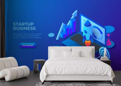 Isometric dark blue illustration. Startup business design concept with rocket, laptop and hourglass. Landing page template for web Wall mural