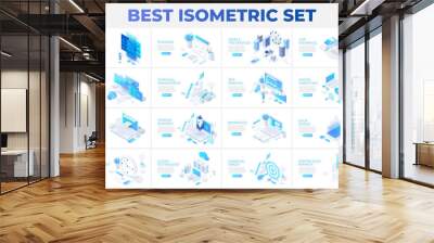 Large set of isometric illustrations with characters for landing page, advertisement or presentation. Data analysis, management, SEO, online shopping and startup business Wall mural