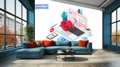 Marketing design concept with laptop, loudspeaker and other elements. Isometric vector illustration. Landing page template for web Wall mural