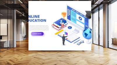 Online education design concept with computer, books and people. Isometric vector illustration. Landing page template for web. Wall mural