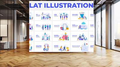 Set of flat illustrations with characters. Design, planning, shedule, investment, education, partnership and manu other themes Wall mural