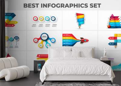 Set of infographic presentation slides. Earth, target, goal, rocket, arrows, flowchart and circle diagrams. Vector illustration for business data visualization. Wall mural