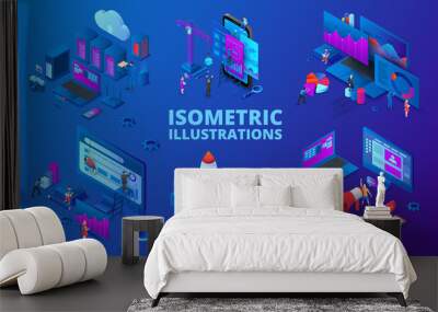 Set of isometric illustrations. Startup, digital marketing, seo analysis and cloud technology. Dark blue background. Wall mural