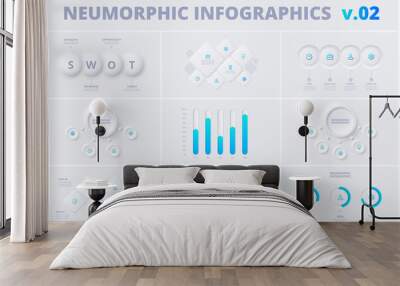 Set with neumorphic infographic design templates. Modern neumorphism vector illustration for presentation with 3, 5, and 6 options or steps Wall mural