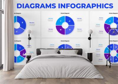 Slides with pie charts infographics elements for presentation. Vector info graphic cycle design templates. Concept with 3, 4, 5, 6, 7 and 8 options, parts or steps Wall mural