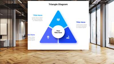 Triangle is divided into 3 parts. Concept of three options of business project management. Vector illustration for data analysis visualization Wall mural