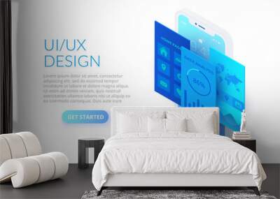 UI design concept with smartphone, woman and magnifier. Isometric vector illustration. Landing page template for web. Wall mural