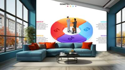 Vector isometric infographic with businessman handshake. Template for diagram, presentation and pie chart. Business concept with 4 options, parts, steps or processes. Partnership concept. Wall mural