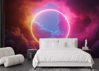 3D render, abstract background, stormy cloud with a luminous neon ring inside Wall mural