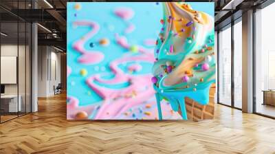 3D render of a colorful ice cream cone with melting liquid swirls and sprinkles on a pastel blue background, in a closeup view. Wall mural