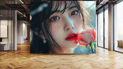 Close-up of a stunning girl holding a rose on a bokeh background on Valentine's Day, waiting for her lover to come along Wall mural