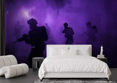 Silhouettes of soldiers fighting in the street, dark purple foggy background. Wall mural