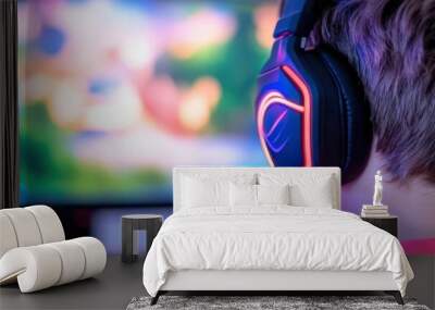 Youth Immersed in Gaming with Headphones and Computer Monitor Wall mural