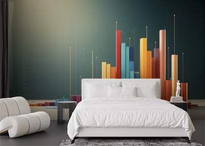 Colorful 3D Bar Graphs on a Wooden Base with Light Rays, Colorful 3D Bar Graphs on a Gradient Background with Data Wall mural