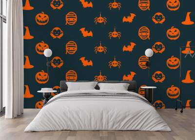 Bat spider vampire hat mummy face scary pumpkin face Halloween party orange repeat pattern dark background Wall mural