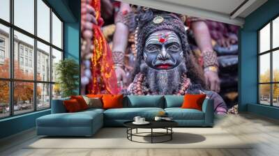 Masan Holi, Portrait of an male artist act as lord shiv with dry ash on face and body during celebrating the holi festival as tradition at Manikarnika ghat in varanasi, India. Wall mural