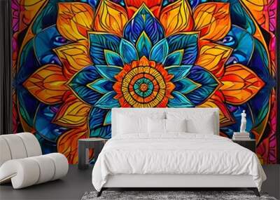 Geometric Mandala, geometric mandala, sacred symmetry, vibrant colors, balance and wholeness, spiritual cycle, sacred geometry, hexagons and triangles, infinite life Wall mural