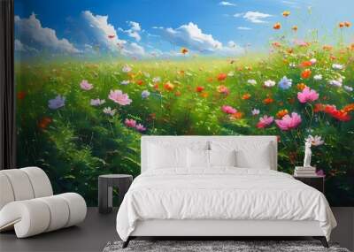 Summer | sunny | blue sky with white clouds | blooming colorful flowers | oil painting | background Wall mural