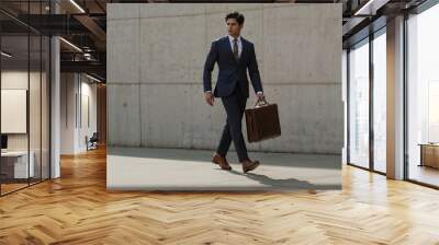 Confident Businessman in Blue Suit Walking with Briefcase Wall mural