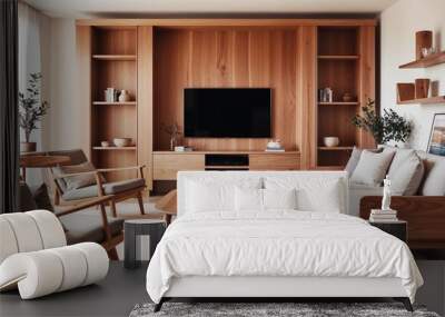 Modern wooden living room with wall mounted television. The space features contemporary wood furnishings, a sleek coffee table, a comfortable sofa, and stylish shelving. Wall mural