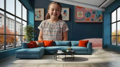 Smiling Girl in a Colorful Room Wall mural