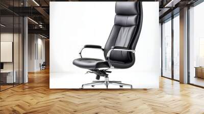 Elegant Black Leather Executive Office Chair with High Back Support, Cushioned Armrests, and Reclining Function – Polished Chrome Base, office chair isolated on white Wall mural