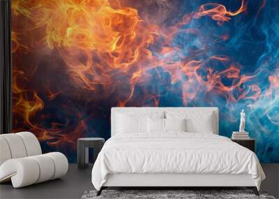 Generative AI illustration of abstract heavy smoke with burning fire flames on blue background Wall mural