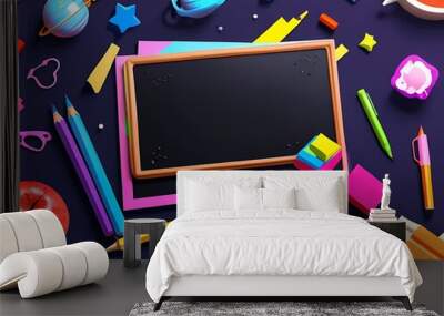 School Supplies with Empty Frame and Colorful Objects, Creative Education Concept. Wall mural