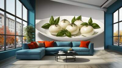 White plate with three eggs and fresh basil leaves Wall mural