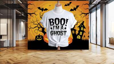 White T-shirt with black spooky Halloween text and graphic design, perfect for a fun and festive Halloween costume. 
 Wall mural