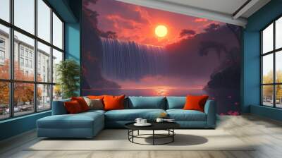 beautiful sunset waterfall view Wall mural