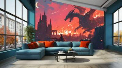 dragon destroys castle 2D illustration Wall mural