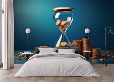 Hourglass with coins on blue background, long term investment concept Wall mural