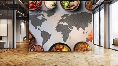 Table with a world map in the center and various foods around, concept of food from different countries Wall mural