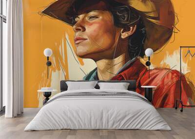 painting of a woman wearing a cowboy hat and a red shirt Wall mural