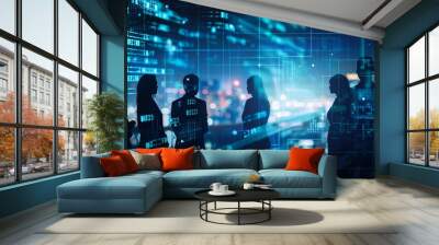 Cybersecurity Strategy Silhouetted Professionals Engaged in HighTech Discussion Wall mural