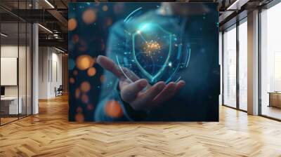 Digital Guardian Futuristic User Shielding Data with Holographic Protection Icon Wall mural