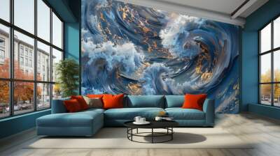 Golden Waves Mesmerizing Abstract Design in Blue and Gold Closeup of Swirling Clouds Capturing the Beauty of Nature and Artistry Wall mural