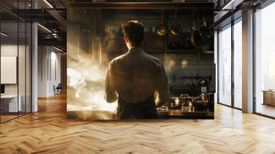 Sizzling Secrets Intense Chef Cooking Over Hot Stove in Dramatic Lighting Wall mural