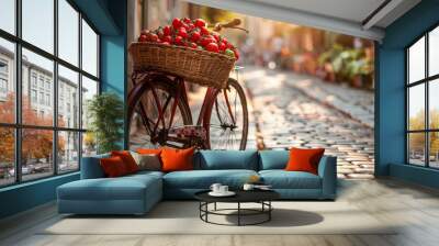 Sunlit Harvest Vibrant Bounty in a Bicycle Basket Wall mural