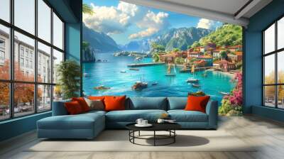 Tranquil Coastal Haven Charming Village Oasis Amidst Lush Mountains and Turquoise Waters Wall mural