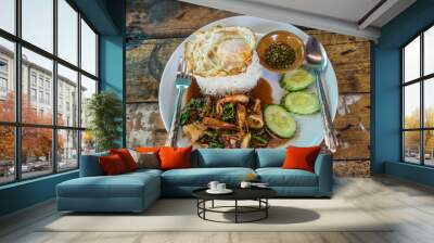 fried seafood  with basil  and rice Wall mural