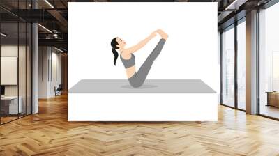 Complete Boat Pose, Naukasana, Navasana. Beautiful girl practice Paripurna Navasana. Young attractive woman practicing yoga exercise. working out, black wearing sportswear, grey pants and top, indoor Wall mural