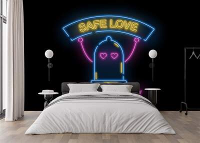 Safe Love text and sign neon light on black background, holidays and international calendar events, sales and marketing 3D neon light illustration. Wall mural