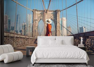 Young tourist on the Brooklyn Bridge Wall mural