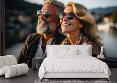 Caucasian perfect couple sitting on yacht deck while sailing in the sea. Luxury travel concept. People vacation concept Wall mural